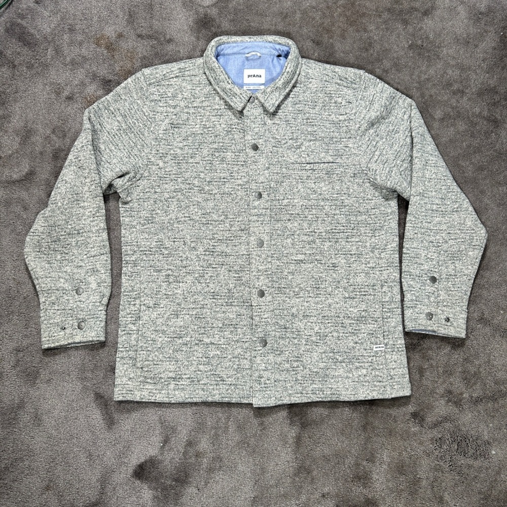 prAna Shirt Jacket Mens XL Gray Marled Polartec Fleece Lined Snap Front Shacket